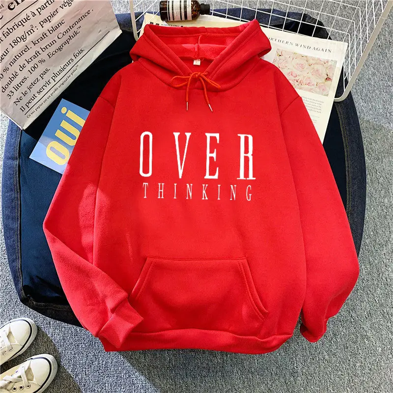 Women Hoodie Overthinking White Fleece Winter Loose Fit