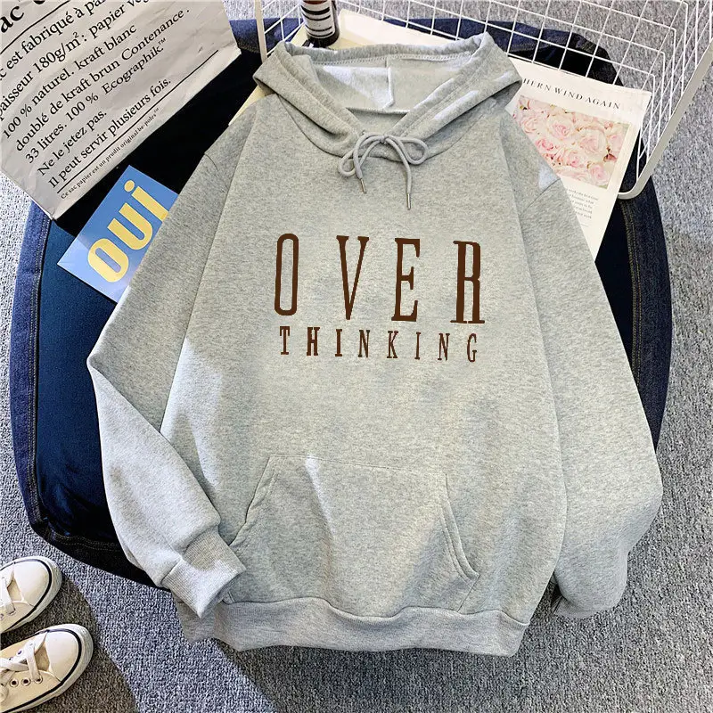 Women Hoodie Overthinking White Fleece Winter Loose Fit