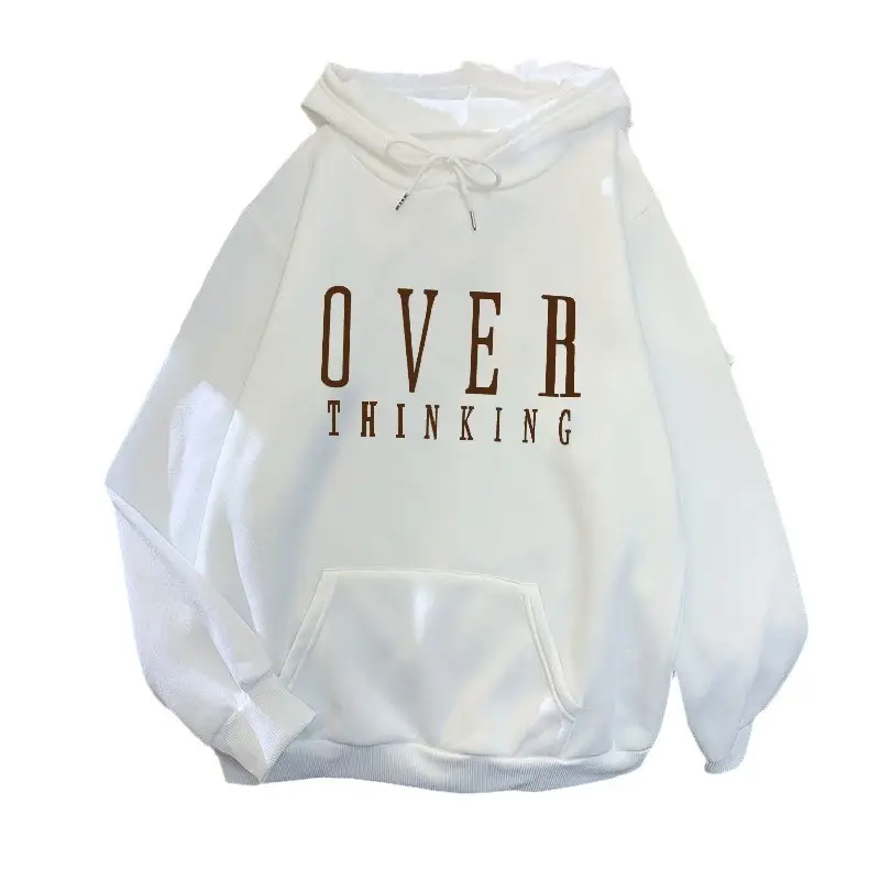 Women Hoodie Overthinking White Fleece Winter Loose Fit