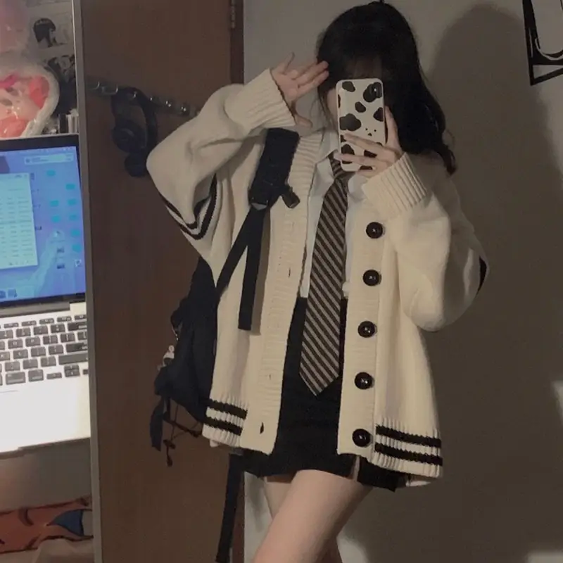 Women Loose Knitted Cardigan Cream Striped Winter Sweater