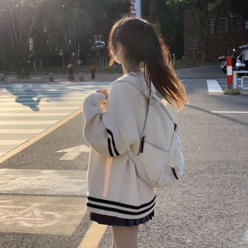 Women Loose Knitted Cardigan Cream Striped Winter Sweater