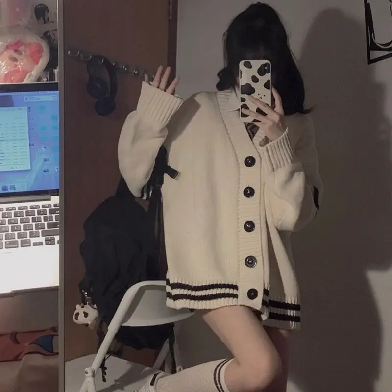 Women Loose Knitted Cardigan Cream Striped Winter Sweater