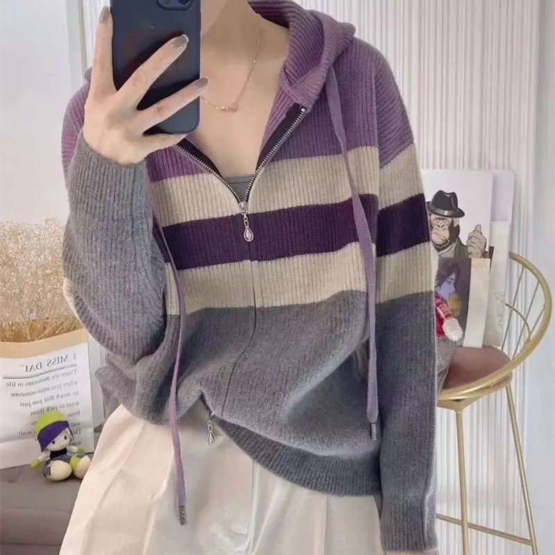 Women Striped Hooded Zipper Knit Sweater Coat