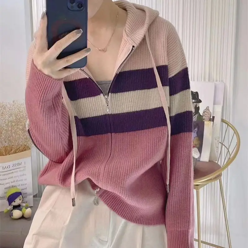 Women Striped Hooded Zipper Knit Sweater Coat