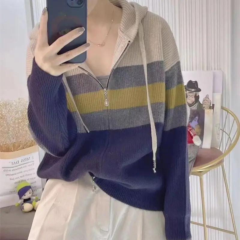 Women Striped Hooded Zipper Knit Sweater Coat