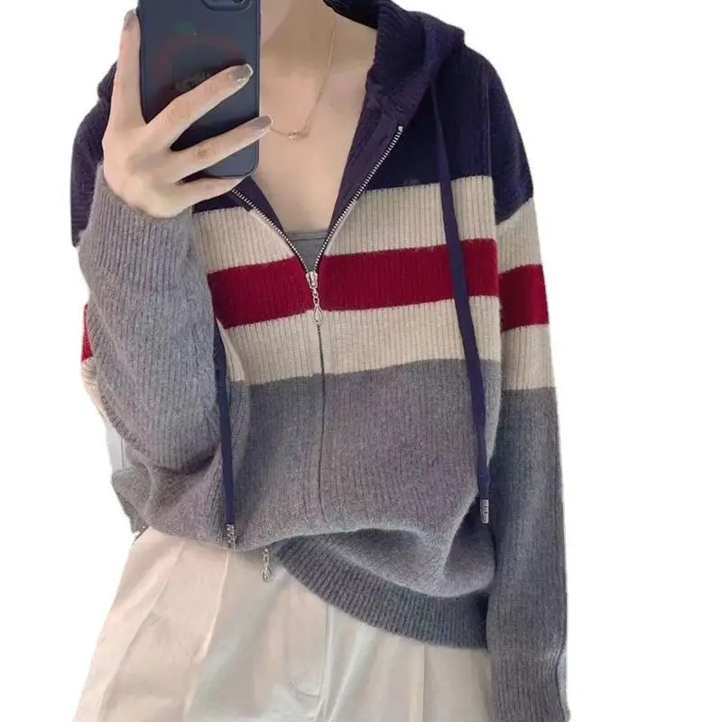 Women Striped Hooded Zipper Knit Sweater Coat