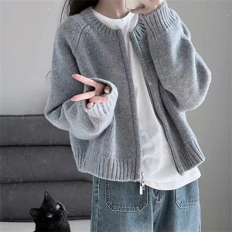 Women Pink Loose Knitted Cardigan Winter Jacket