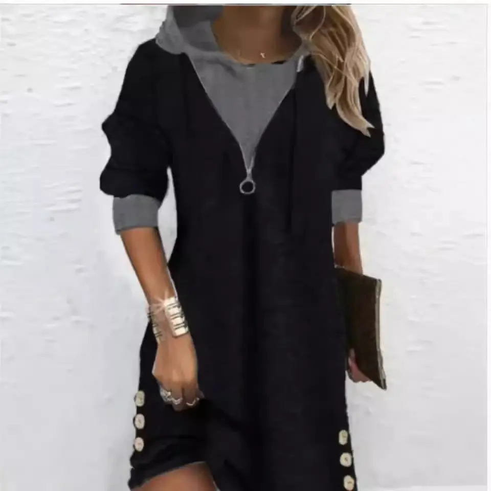Women Hooded Sweatshirt Gray Zipper Mid-Length Autumn