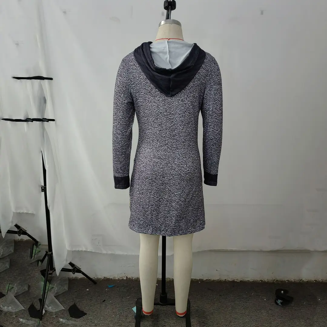 Women Hooded Sweatshirt Gray Zipper Mid-Length Autumn