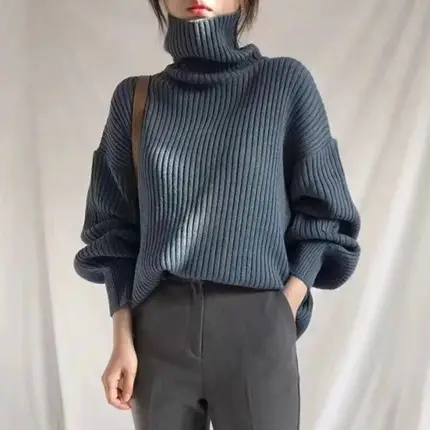 Women Turtleneck Knit Sweater Loose Long Sleeve Cream