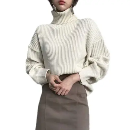 Women Turtleneck Knit Sweater Loose Long Sleeve Cream