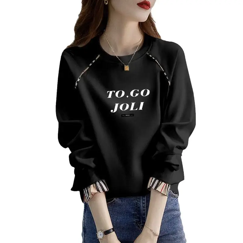 Women Black Cotton Long Sleeve Sweatshirt Loose Fit Trendy Autumn