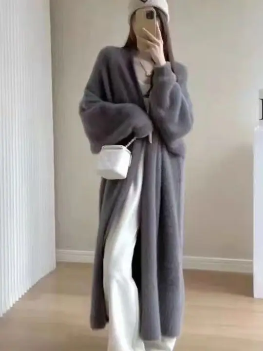Faux Mink Velvet Cardigan Pink Long Coat for Women