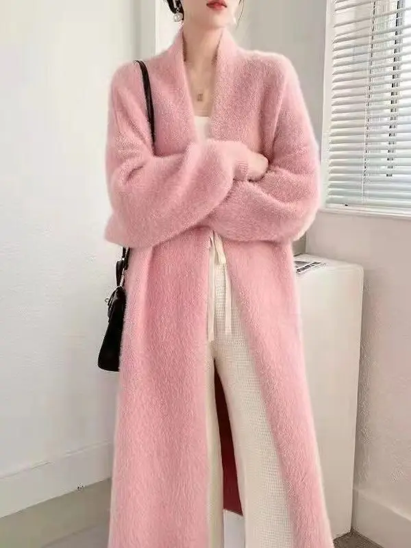 Women Faux Mink Velvet Long Cardigan Winter Loose Knit