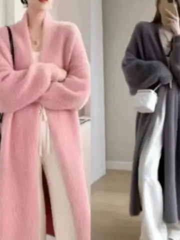 Women Faux Mink Velvet Long Cardigan Winter Loose Knit