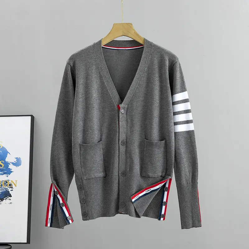 Men Knitted Cardigan Dark Gray Plus Size Striped