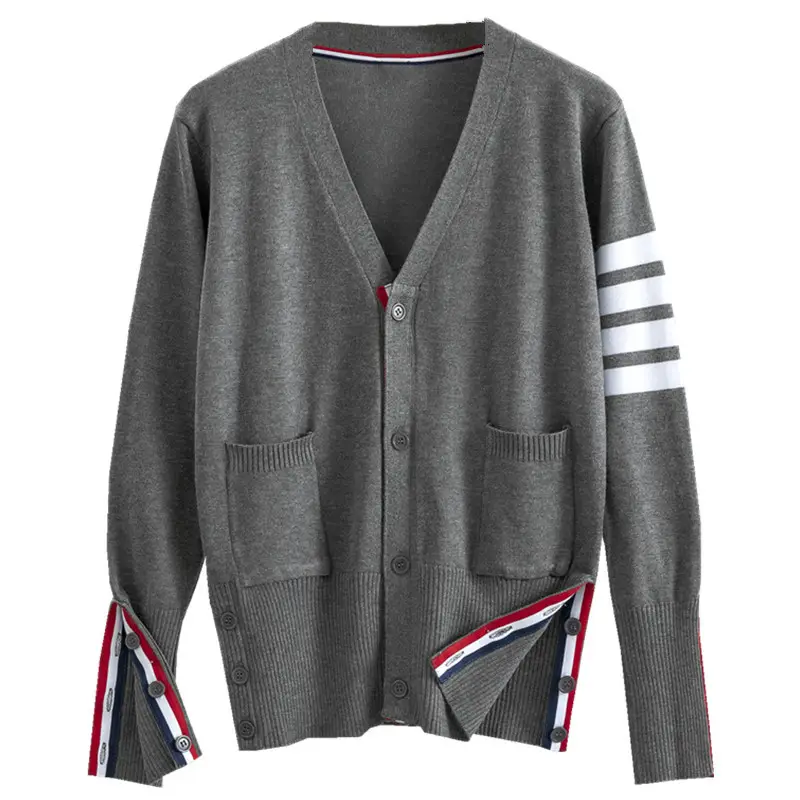 Men Knitted Cardigan Dark Gray Plus Size Striped