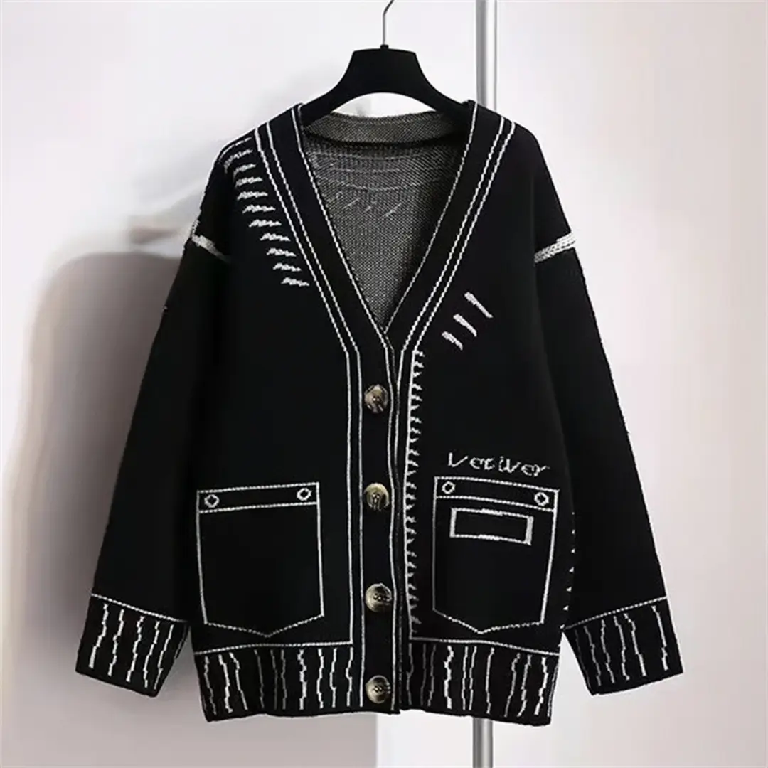 Women Loose Knitted Cardigan Black Winter Graffiti Style