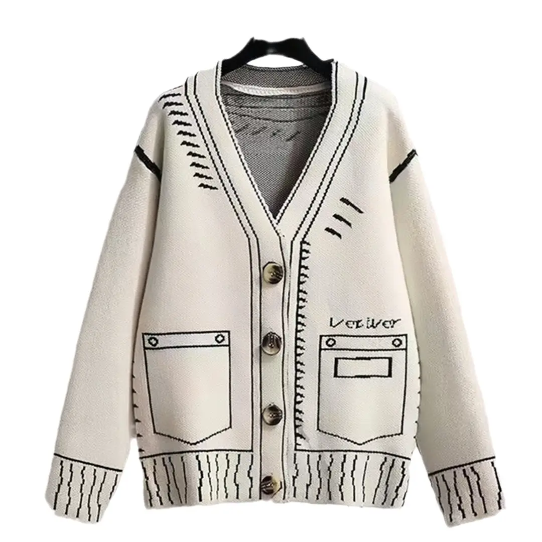 Women Loose Knitted Cardigan Black Winter Graffiti Style