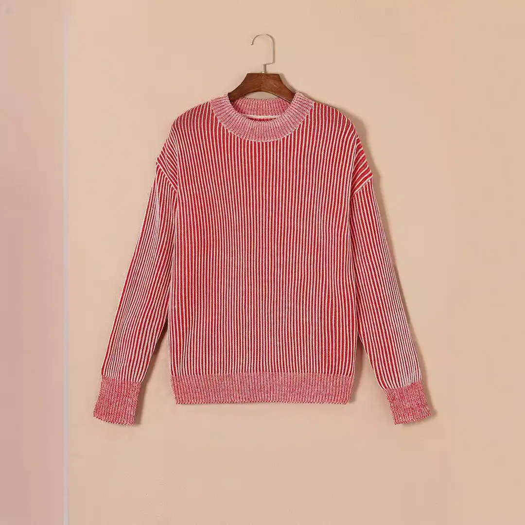 Women Striped Long Sleeve Sweater Autumn Warm Thickened Pink
