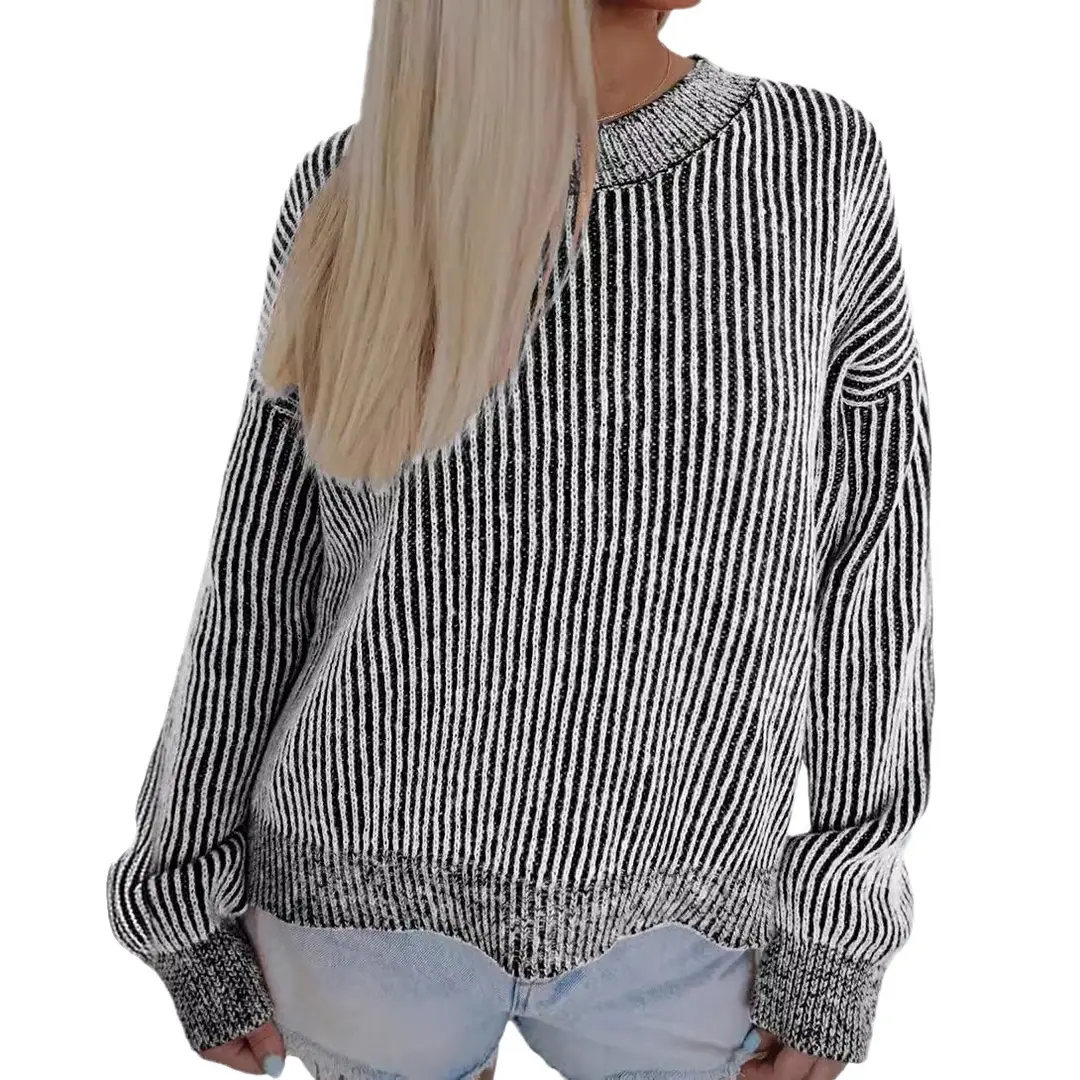 Women Striped Long Sleeve Sweater Autumn Warm Thickened Pink