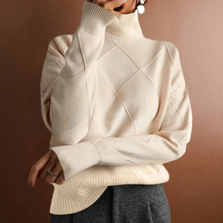 Women Pink Rhombus Turtleneck Knit Sweater Loose Fit
