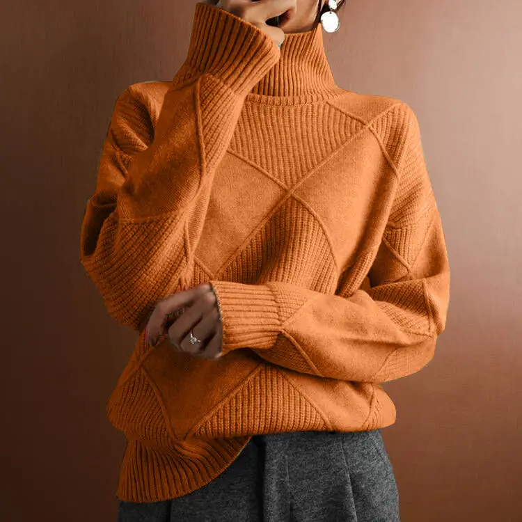 Women Pink Rhombus Turtleneck Knit Sweater Loose Fit