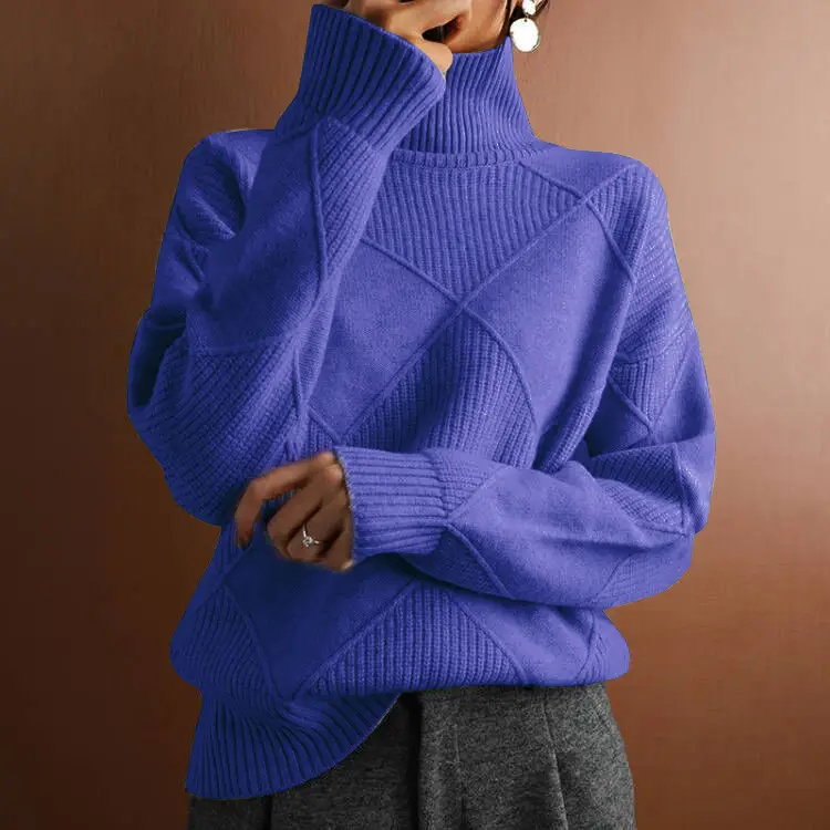 Women Pink Rhombus Turtleneck Knit Sweater Loose Fit