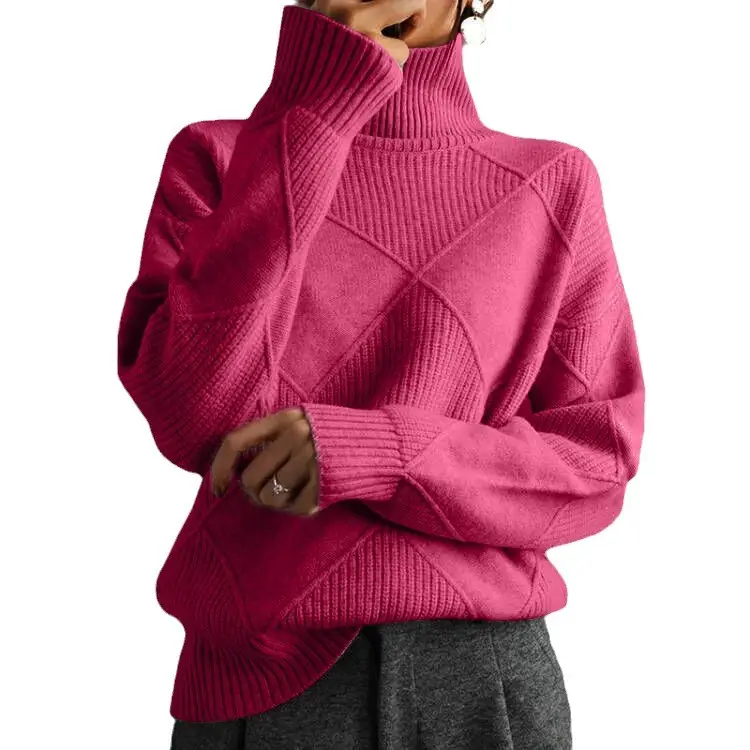 Women Pink Rhombus Turtleneck Knit Sweater Loose Fit