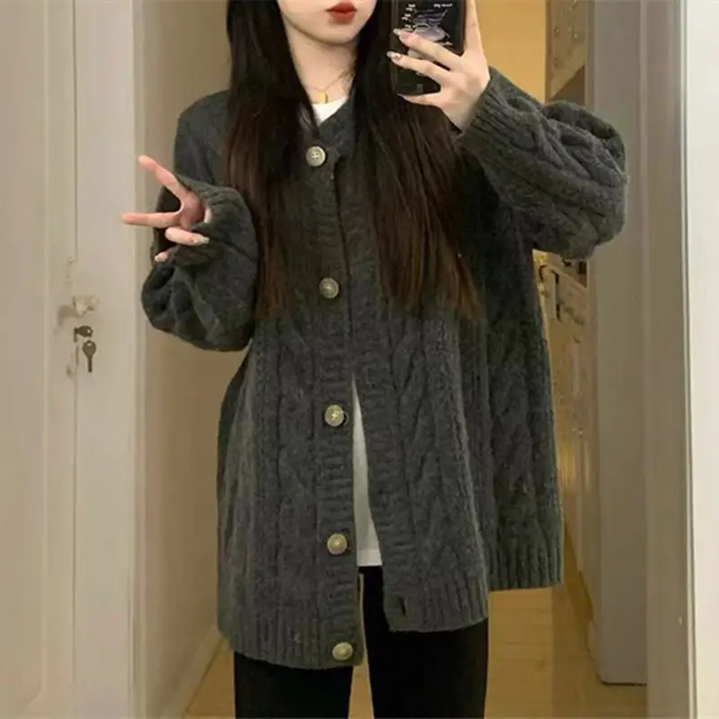 Women Vintage Cable Knit Sweater Loose Long Sleeve Winter Gray