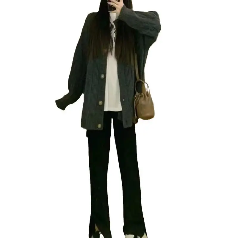 Women Vintage Cable Knit Sweater Loose Long Sleeve Winter Gray