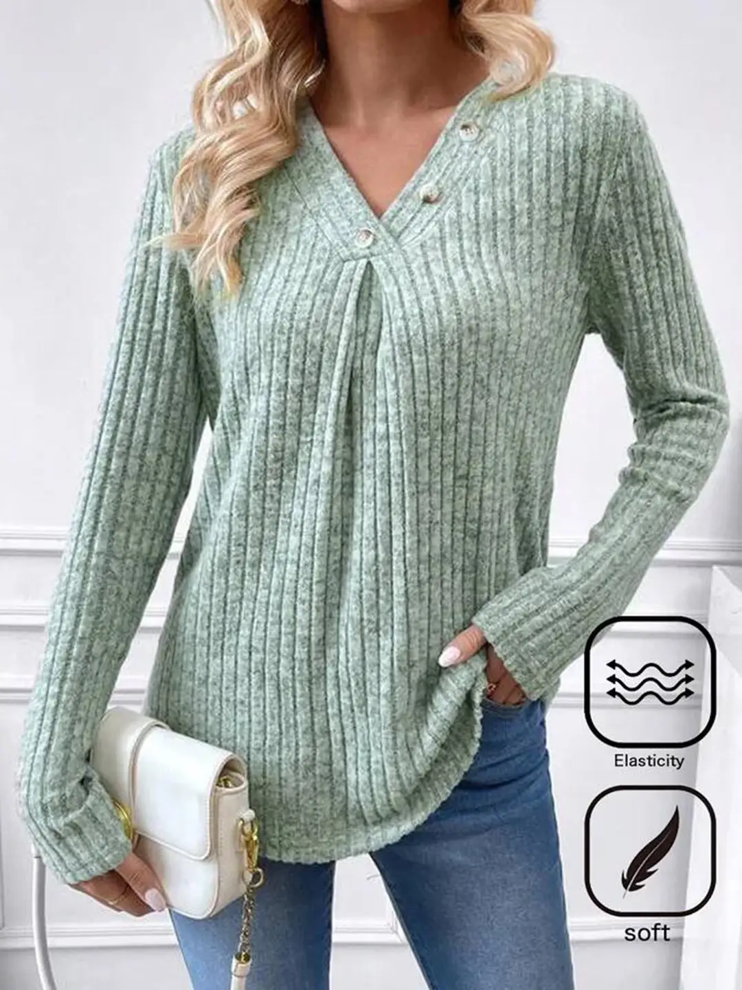 Women V-Neck Knitted Top Red Long Sleeve Winter Soft Elastic