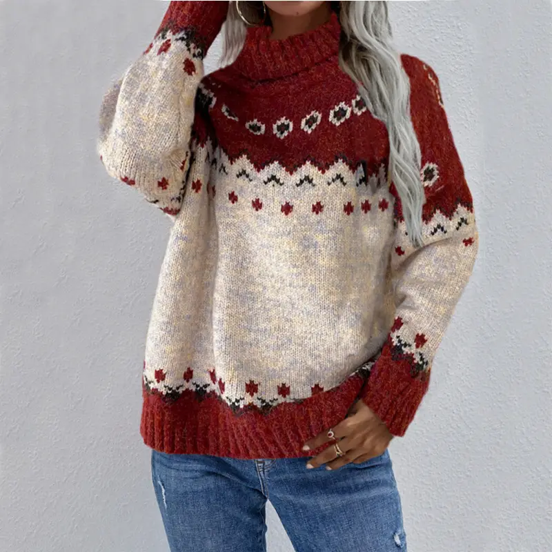 Women Loose Turtleneck Knitted Sweater Red Winter