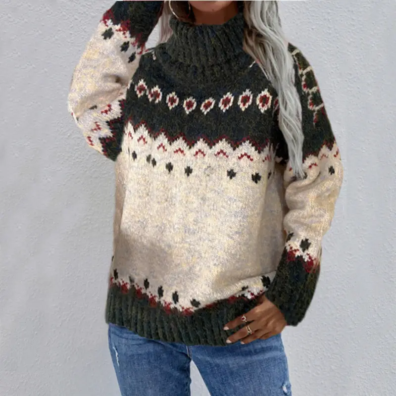 Women Loose Turtleneck Knitted Sweater Red Winter