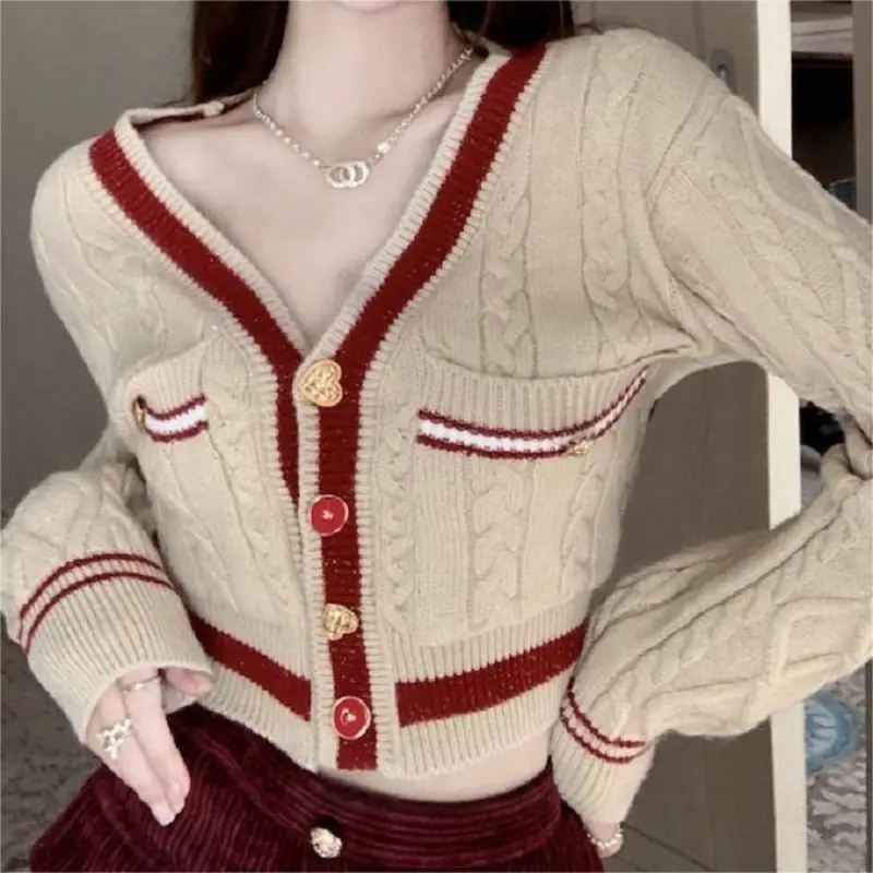 White V-Neck Twist Knit Cardigan Women Winter