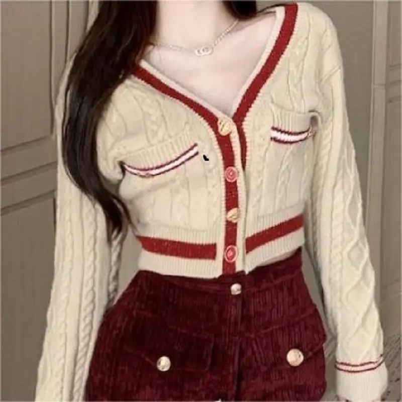 White V-Neck Twist Knit Cardigan Women Winter