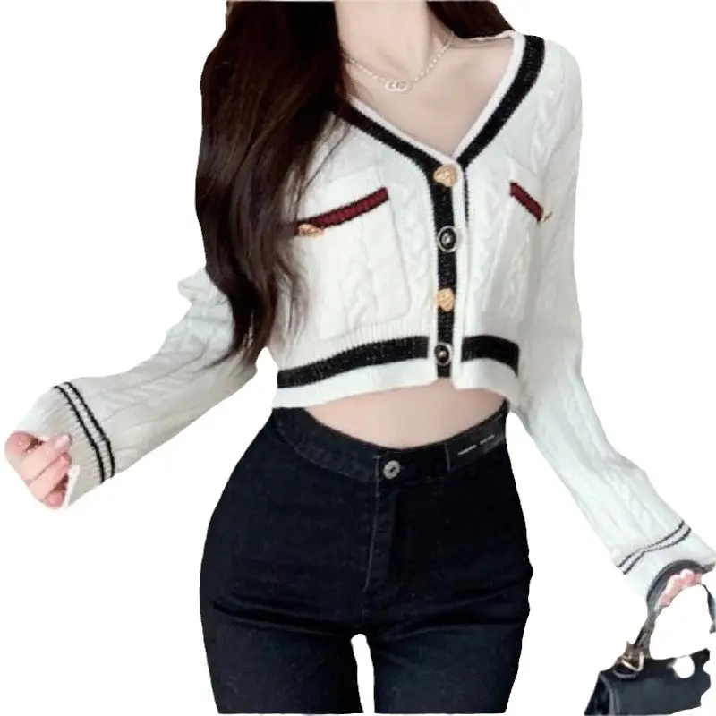White V-Neck Twist Knit Cardigan Women Winter