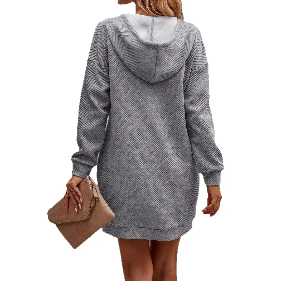 Women Hooded Sweater Dress Gray Beige Loose Casual Winter