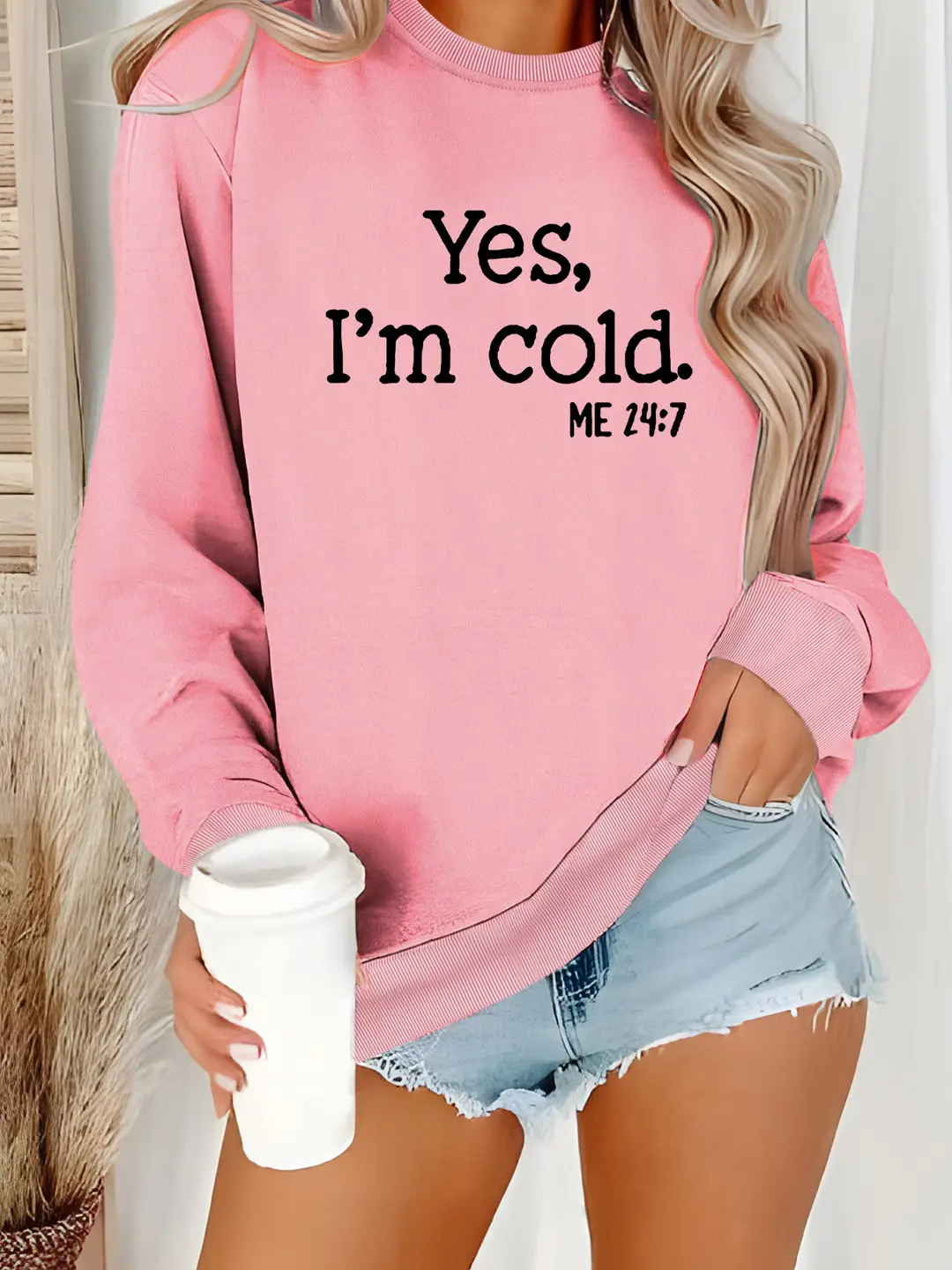 Women Fleece Crew Neck Sweater Pink Yes I'm Cold Print