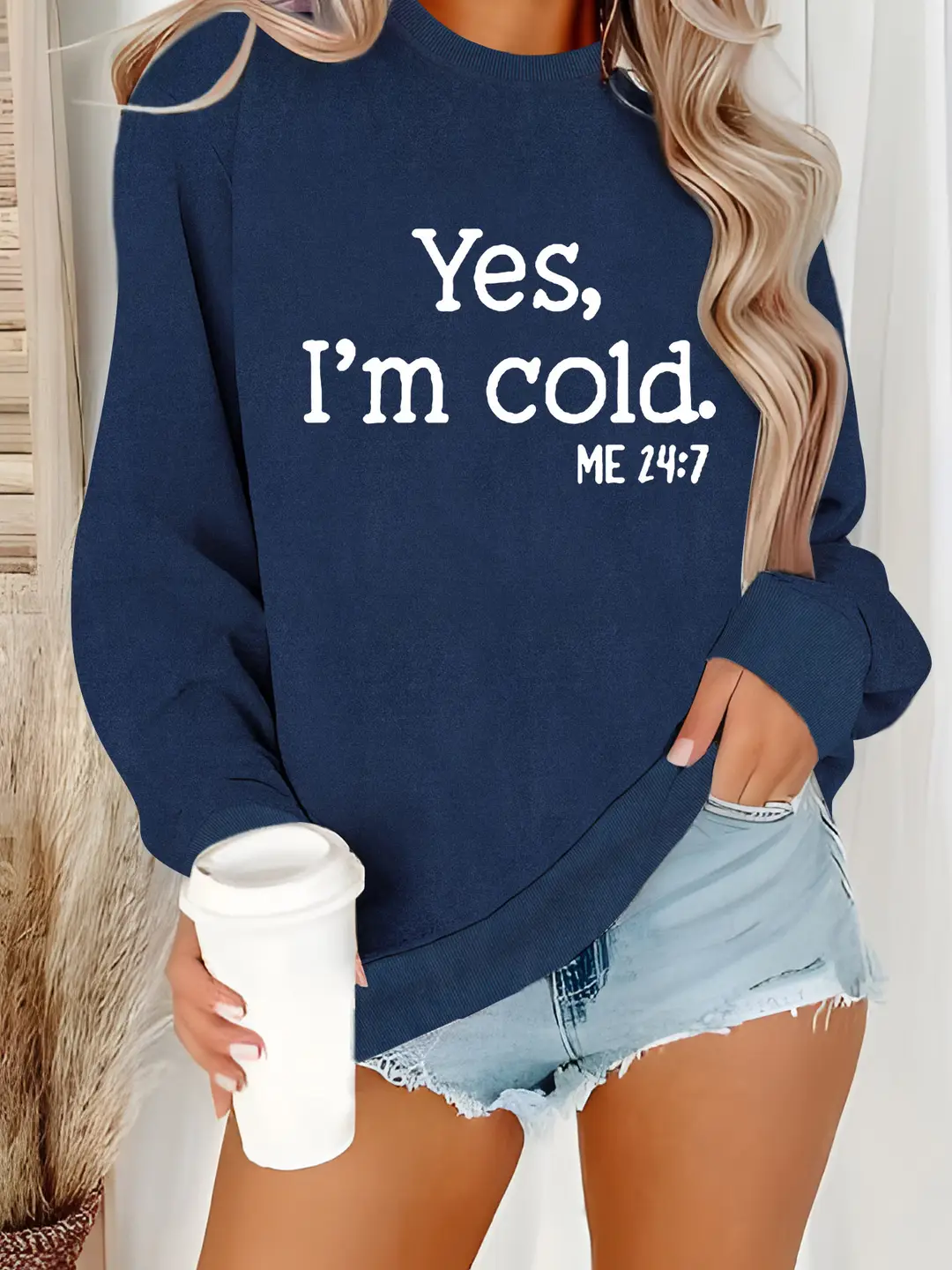 Women Fleece Crew Neck Sweater Pink Yes I'm Cold Print