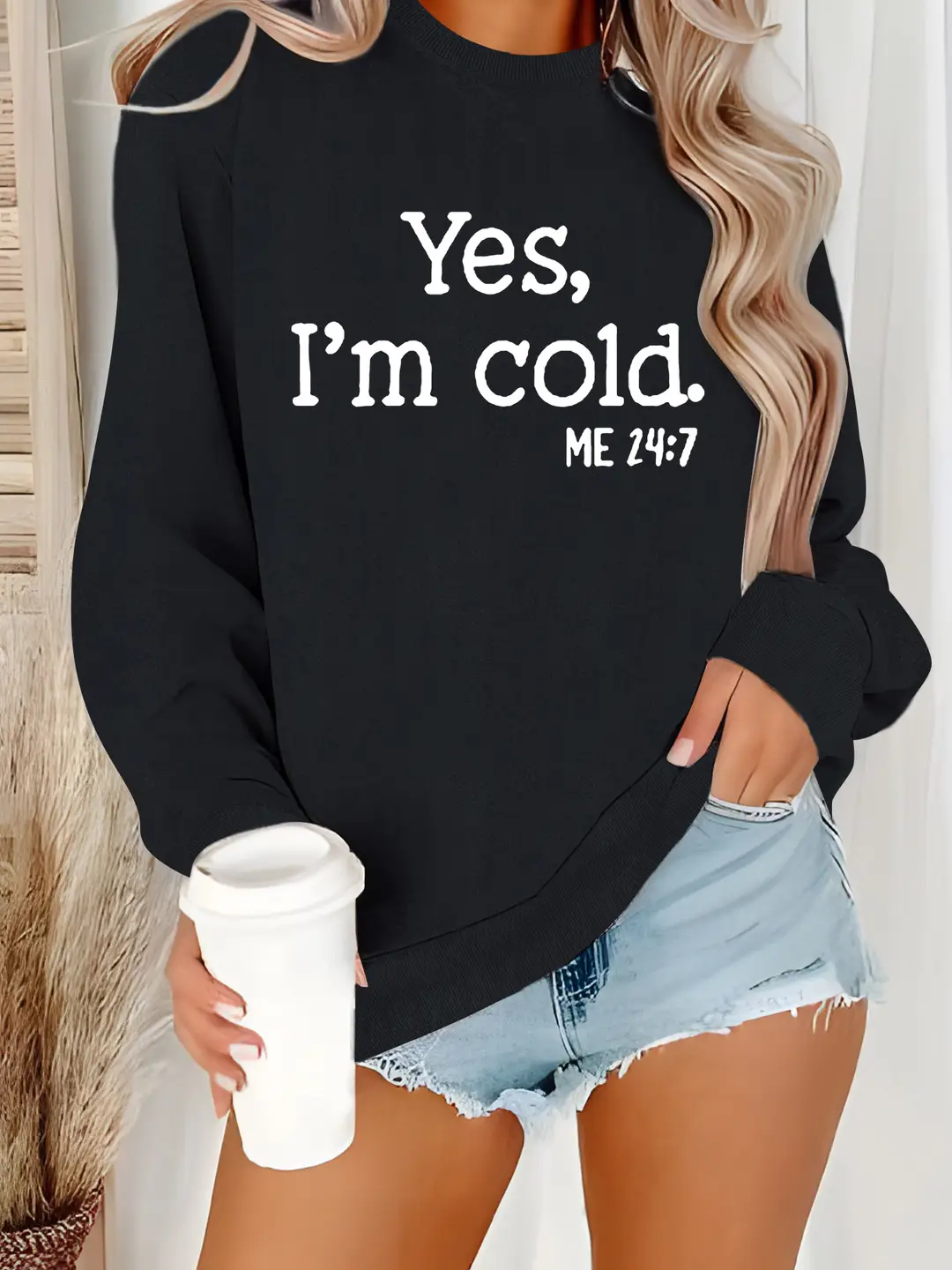 Women Fleece Crew Neck Sweater Pink Yes I'm Cold Print