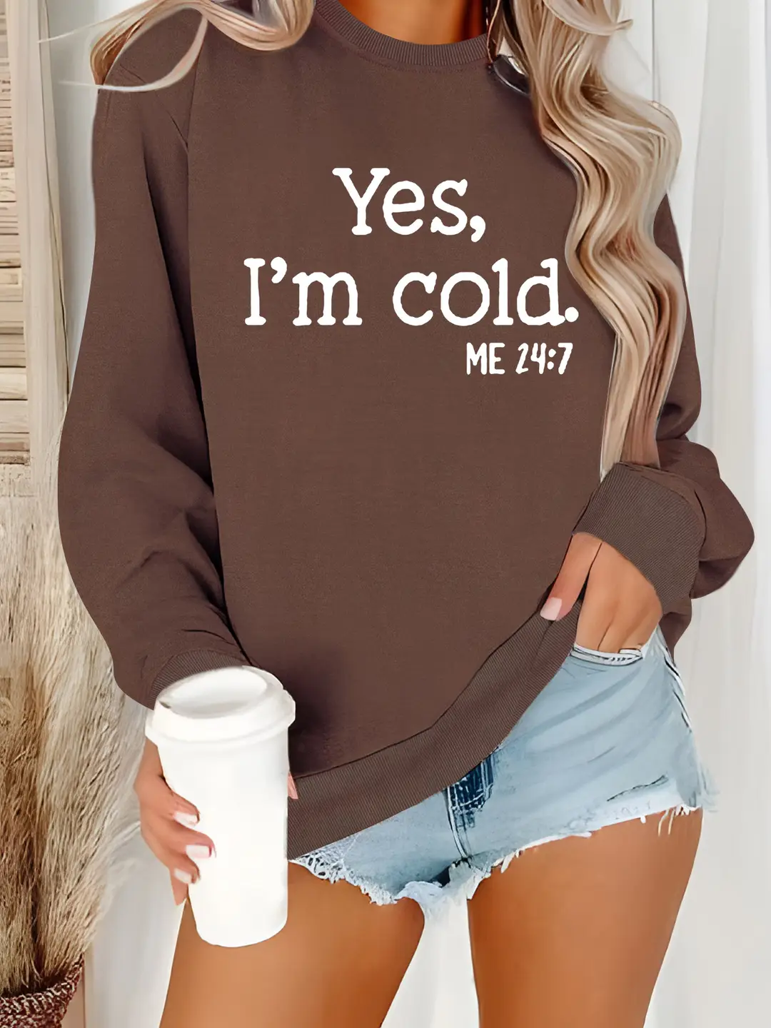 Women Fleece Crew Neck Sweater Pink Yes I'm Cold Print