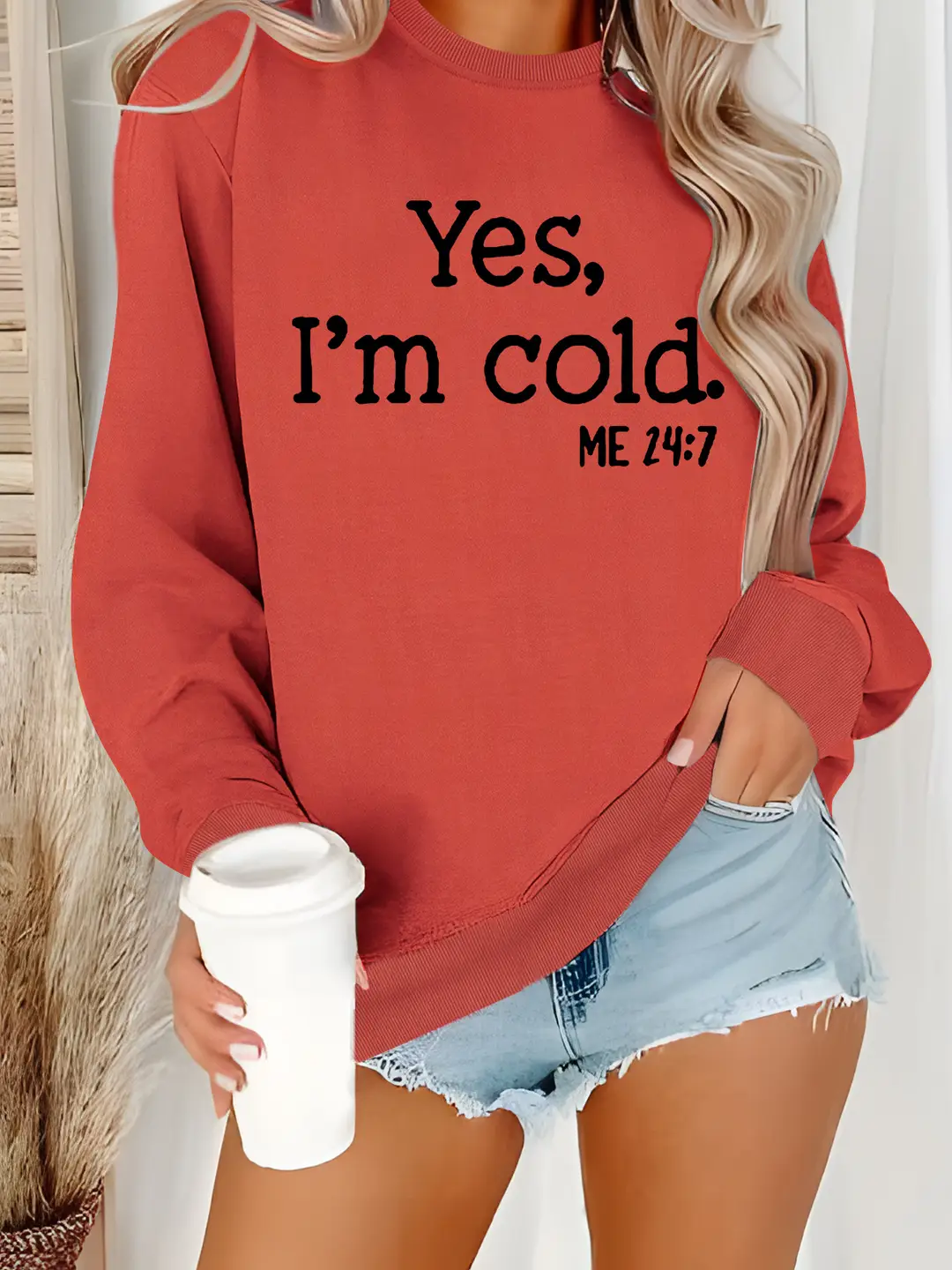 Women Fleece Crew Neck Sweater Pink Yes I'm Cold Print