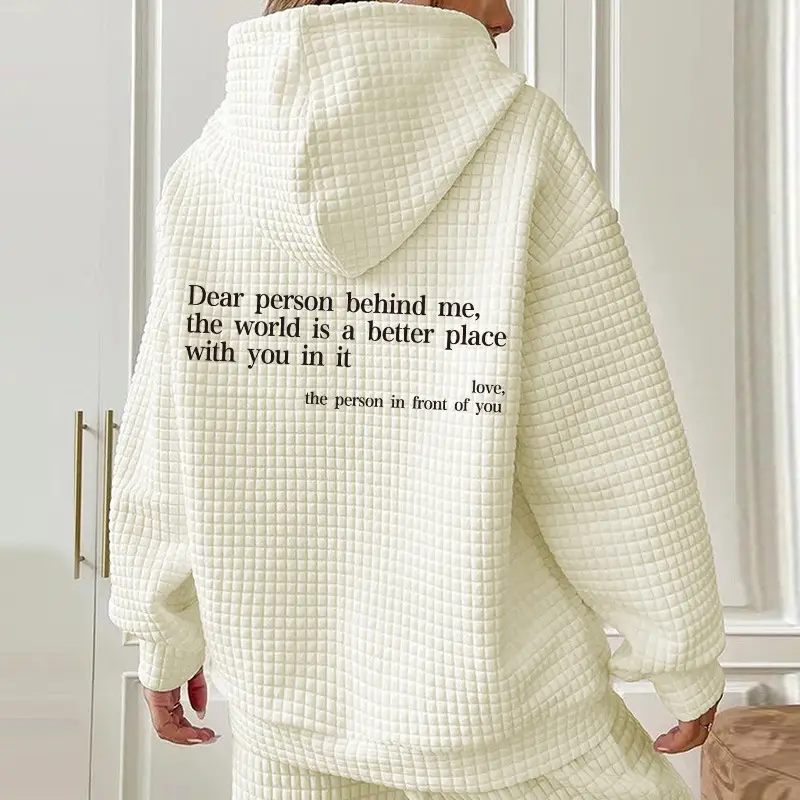 Women Waffle Hoodie with Letter Print Loose Fit Winter Sweater