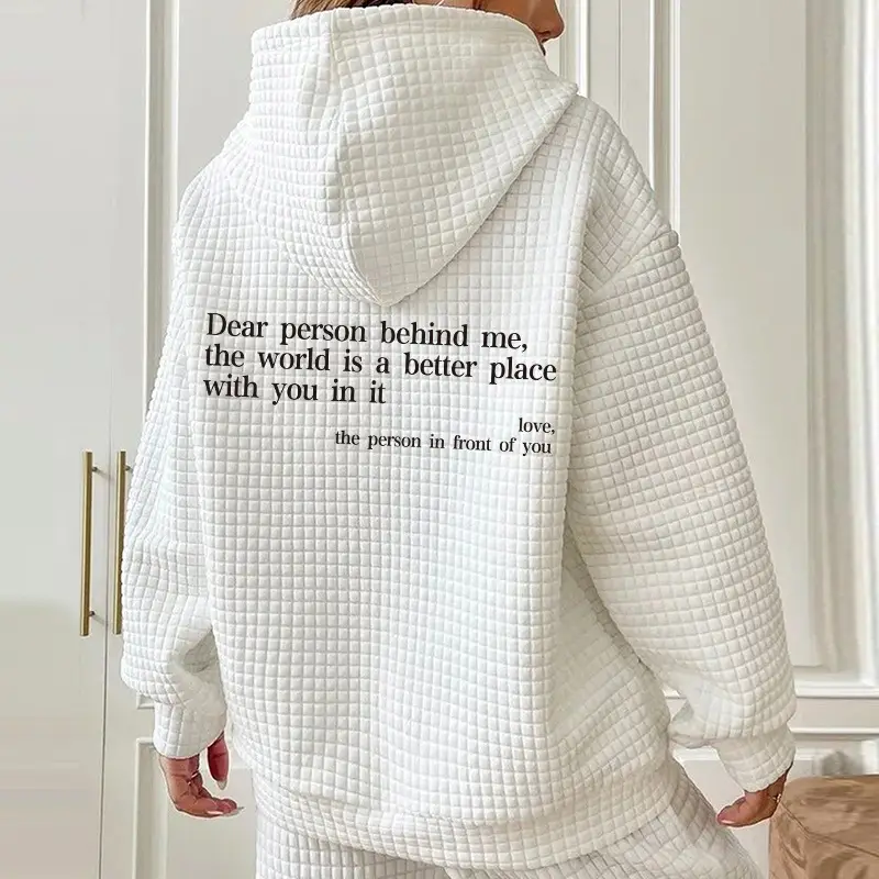 Women Waffle Hoodie with Letter Print Loose Fit Winter Sweater