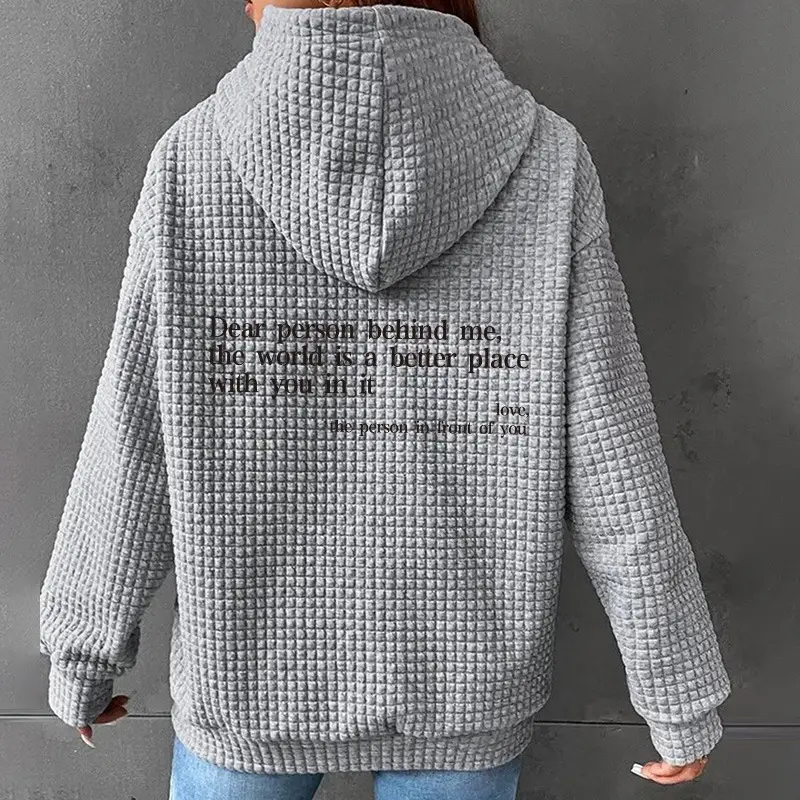 Women Waffle Hoodie with Letter Print Loose Fit Winter Sweater
