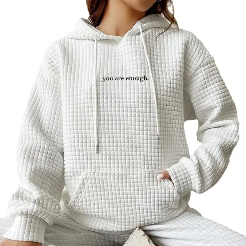 Women Waffle Hoodie with Letter Print Loose Fit Winter Sweater