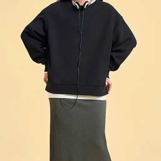 Women Black Round Neck Sweatshirt Casual Winter Thin Fit