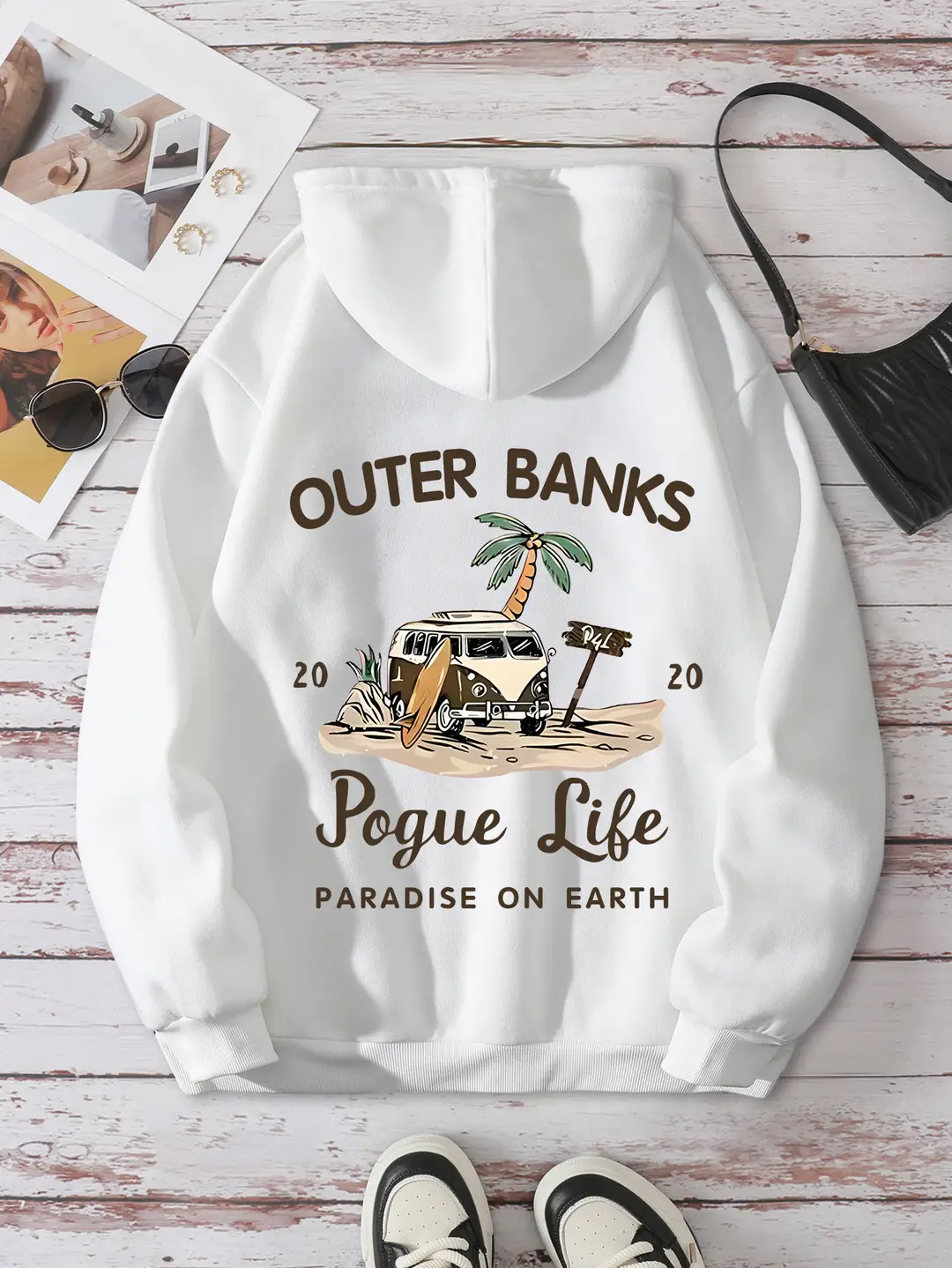 Women Fleece Hoodie White Outer Banks Print