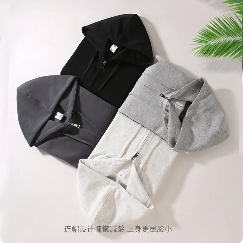 Women Hoodie Sweatshirt Smoky Gray Cotton Zipper Winter Loose Fit